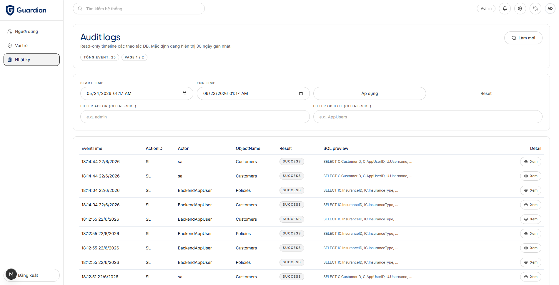 trang audit log của admin