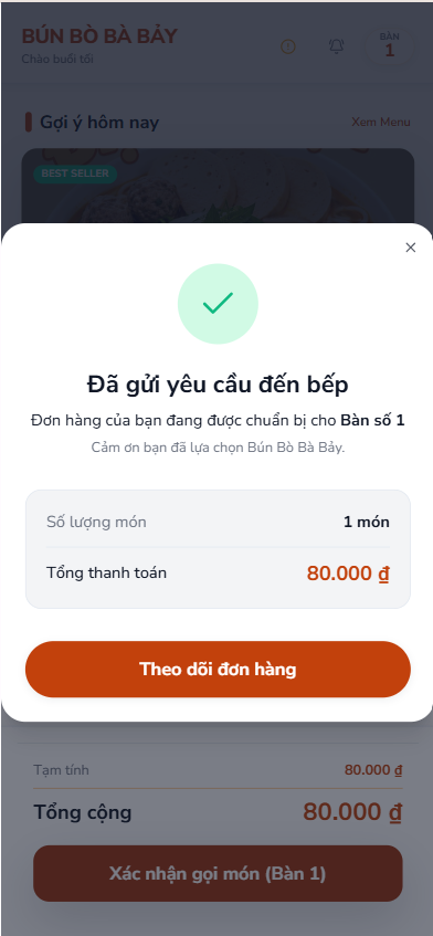 xác nhận gọi món thành công